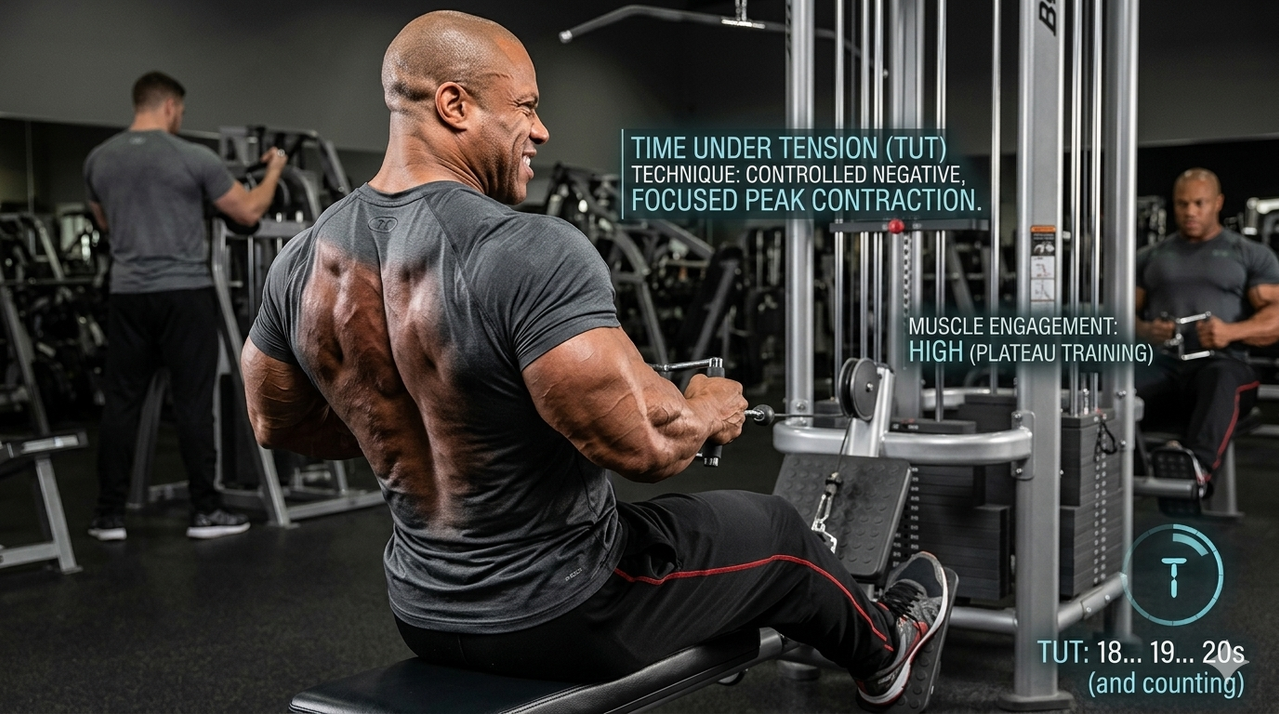 Phil Heath performing seated cable row with back muscles fully contracted demonstrating time under tension technique for muscle growth