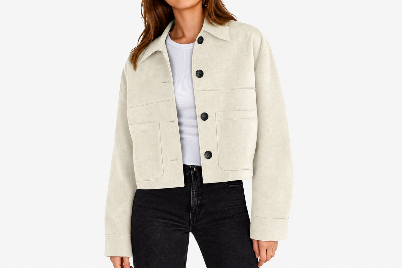 Tankaneo women's cropped faux suede jacket with lapel collar and front pockets