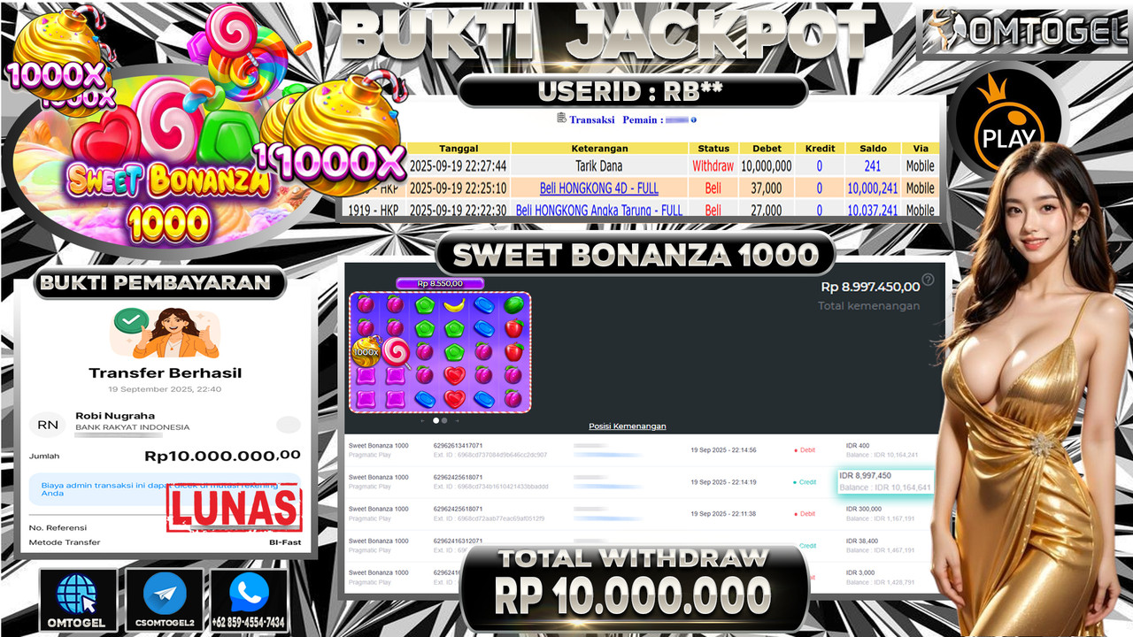 OMTOGEL JACKPOT PRAGMATIC PLAY SWEET BONANZA 1000 10 JUTA DI BAYAR LUNAS ,-
