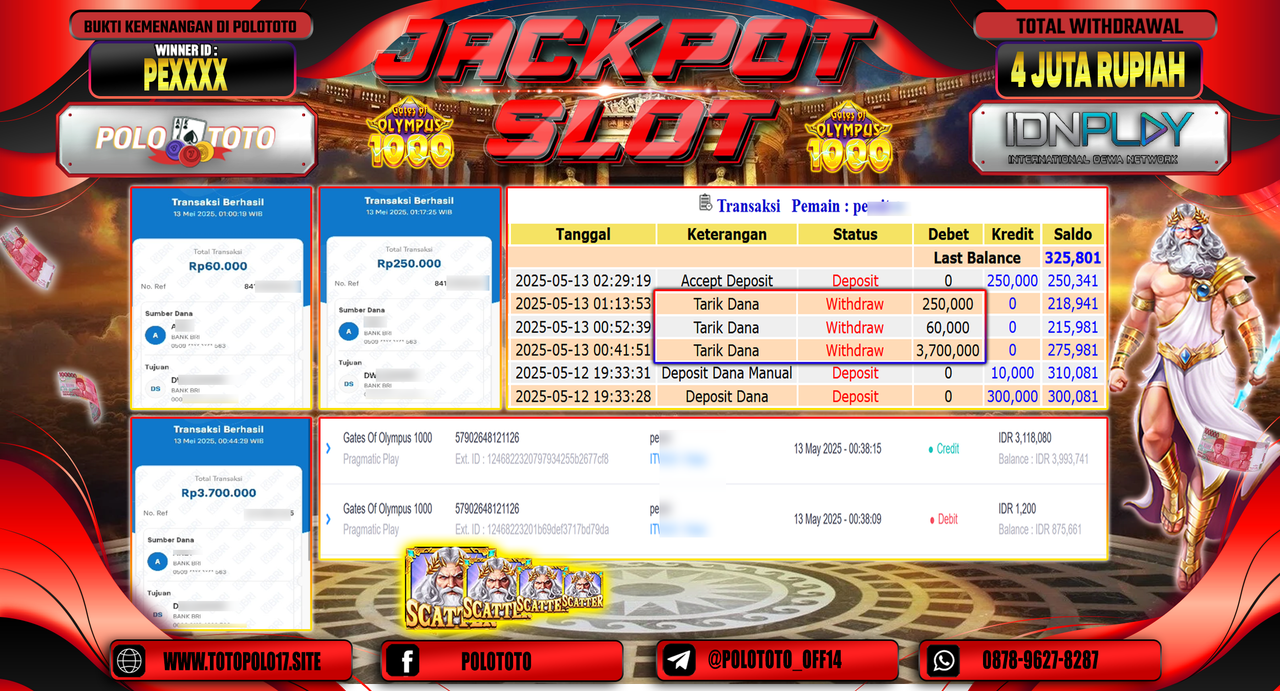 POLOTOTO JACKPOT SLOT GATES OF OLYMPUS 1000 Rp.4.000.000,-