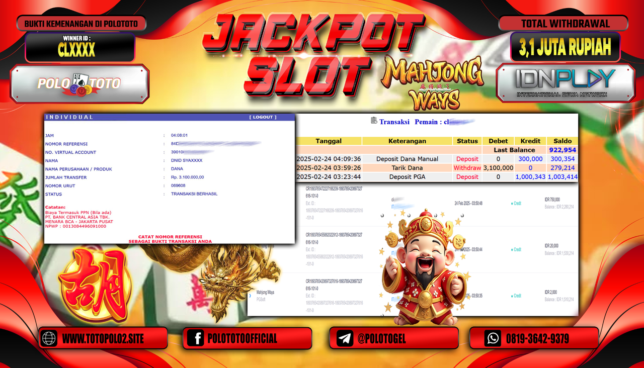 POLOTOTO JACKPOT SLOT MAHJONG WAYS 2 Rp.3.100.000,- LUNAS