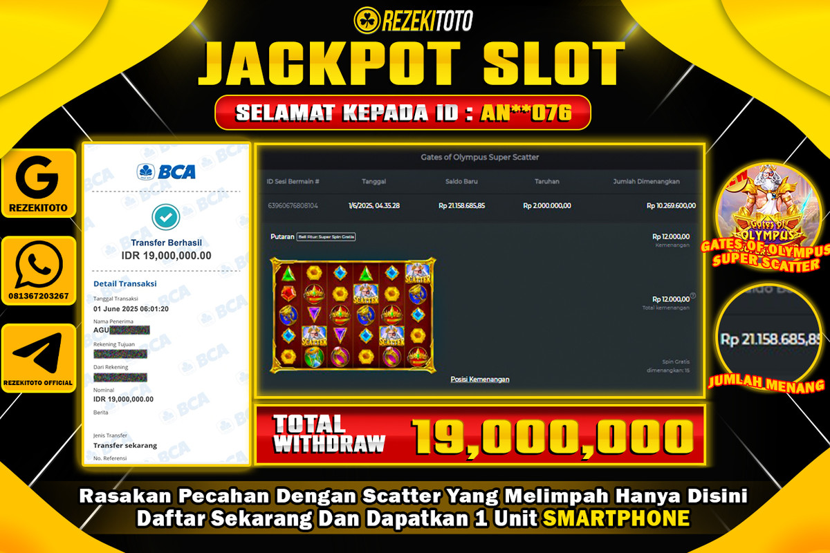 BUKTI KEMENANGAN 01 JUNI 2025 GATES OF OLYMPUS SUPER SCATTER WD 19 JUTA 