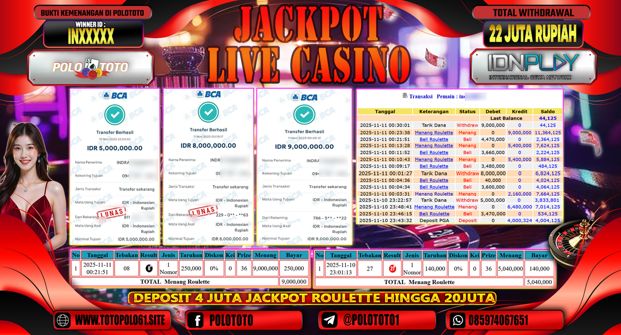 POLOTOTO JACKPOT LIVE CASINO MENANG ROULETTE Rp.3.000.000,- LUNAS