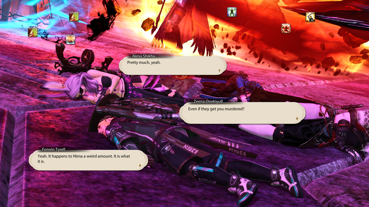 The scene continues, fire and magic being flung around in the background. The SCH casts Energy Drain, Broil, and another Energy Drain while the WHM casts Benediction while the WAR uses Provoke and Inner Release. A giant saw blade spins into the frame. Text reads: Nima Shikhu: Pretty much, yeah. Zeena Onekiyull: Even if they get you murdered? Forwin Tyrell: Yeah. It happens to Nima a weird amount. It is what it is.