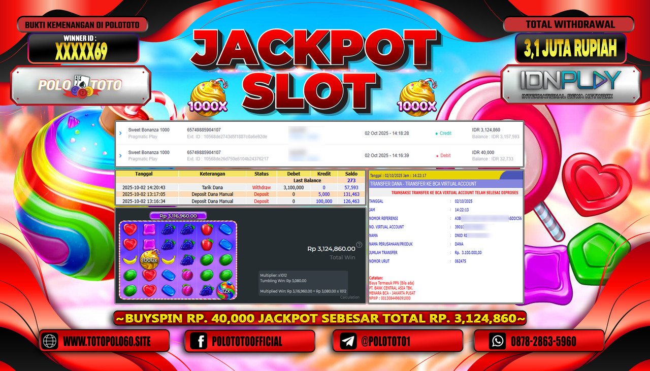 POLOTOTO JACKPOT SLOT SWEET BONANZA 1000 Rp.3.100.000,- LUNAS