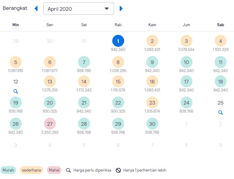 Kalender harga tiket pesawat Jakarta-Manado selama April 2020