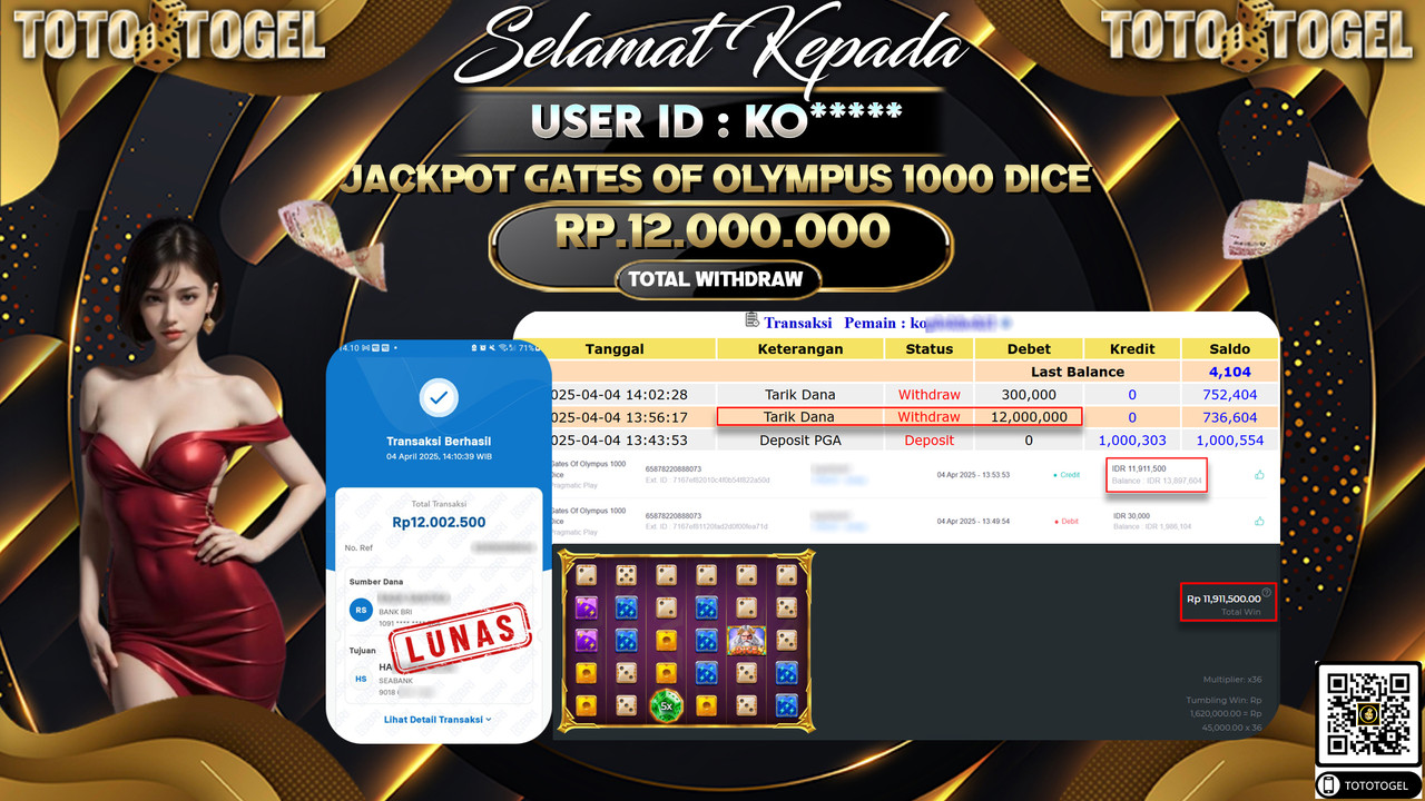 Bukti Pembayaran Jackpot  Permainan Slot Gates Of Olympus 1000 Dice ID:KO***** LUNAS
