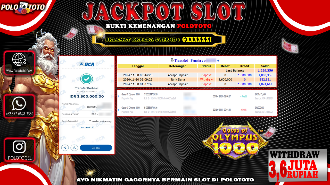 POLOTOTO JACKPOT SLOT GATES OF OLYMPUS 1000 Rp.3,600.000,-