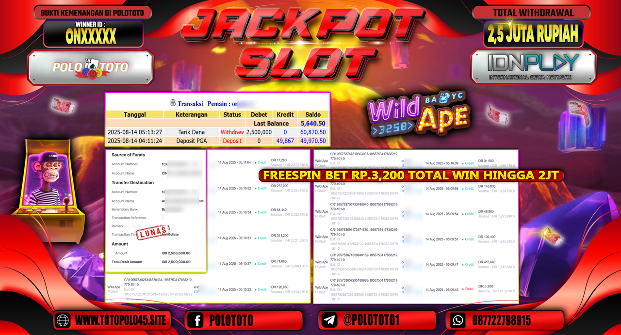 POLOTOTO JACKPOT SLOT WILD APE Rp.2.500.000,-LUNAS