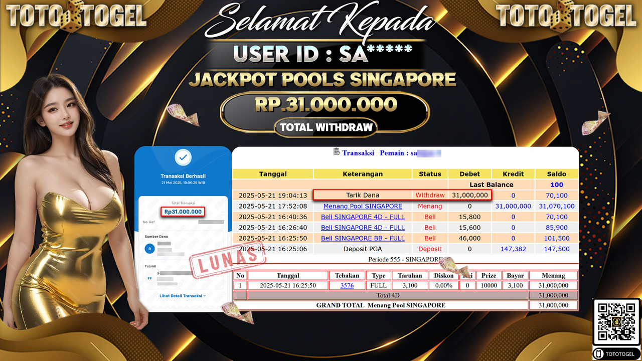 Bukti Pembayaran Jackpot Permainan Togel Pools Singapore ID:SA***** LUNAS