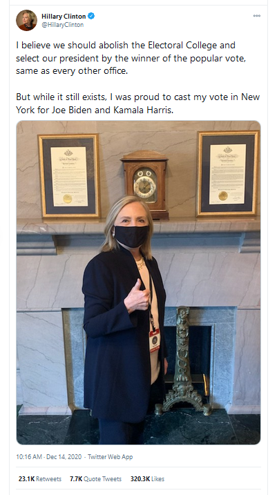 Hillary: Bỏ hệ thống đại cử tri, phiếu phổ thông chọn người thắng 1