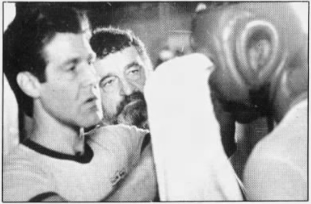 Trainer Joe Goossen and actor Victor French at Ten Goose Boxing, 1985