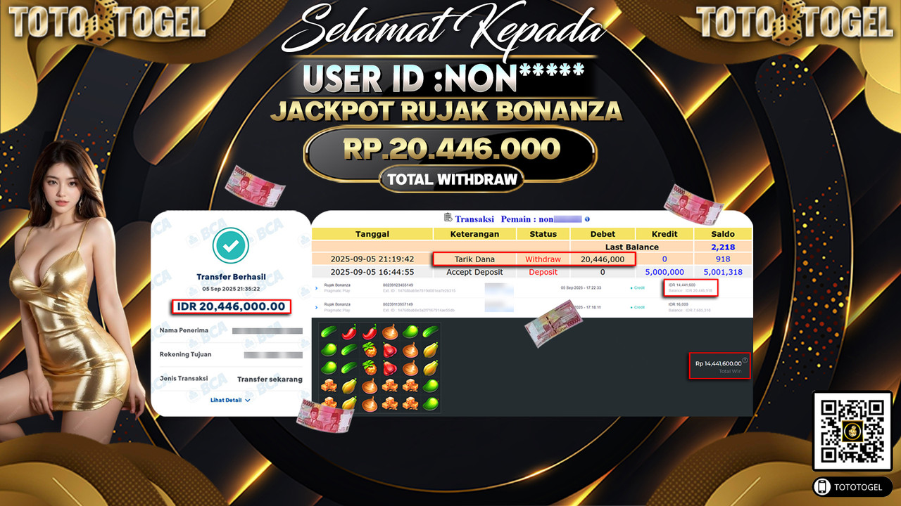 Bukti Pembayaran Jackpot Permainan Slot Rujak Bonanza ID:NON***** LUNAS