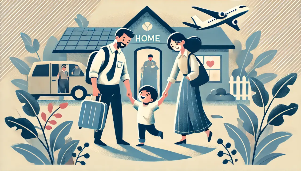 Heartwarming illustration of parents bringing their adopted child home in Malaysia, symbolizing the final step of the adoption process.