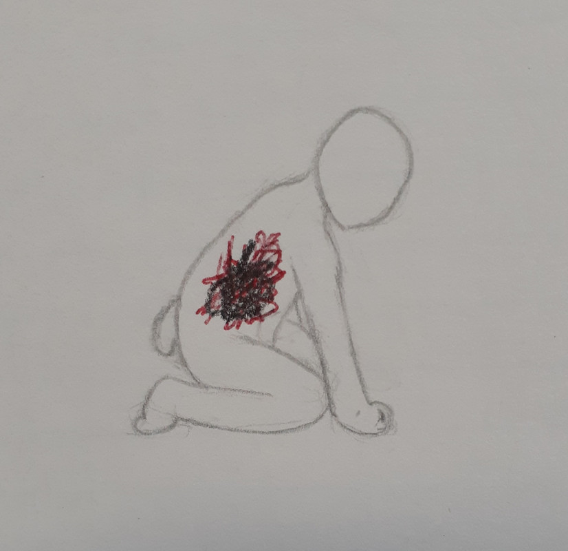 Pencil drawing of a simple figure kneeling hunched on the ground, a tangle of red and black lines in its stomach.