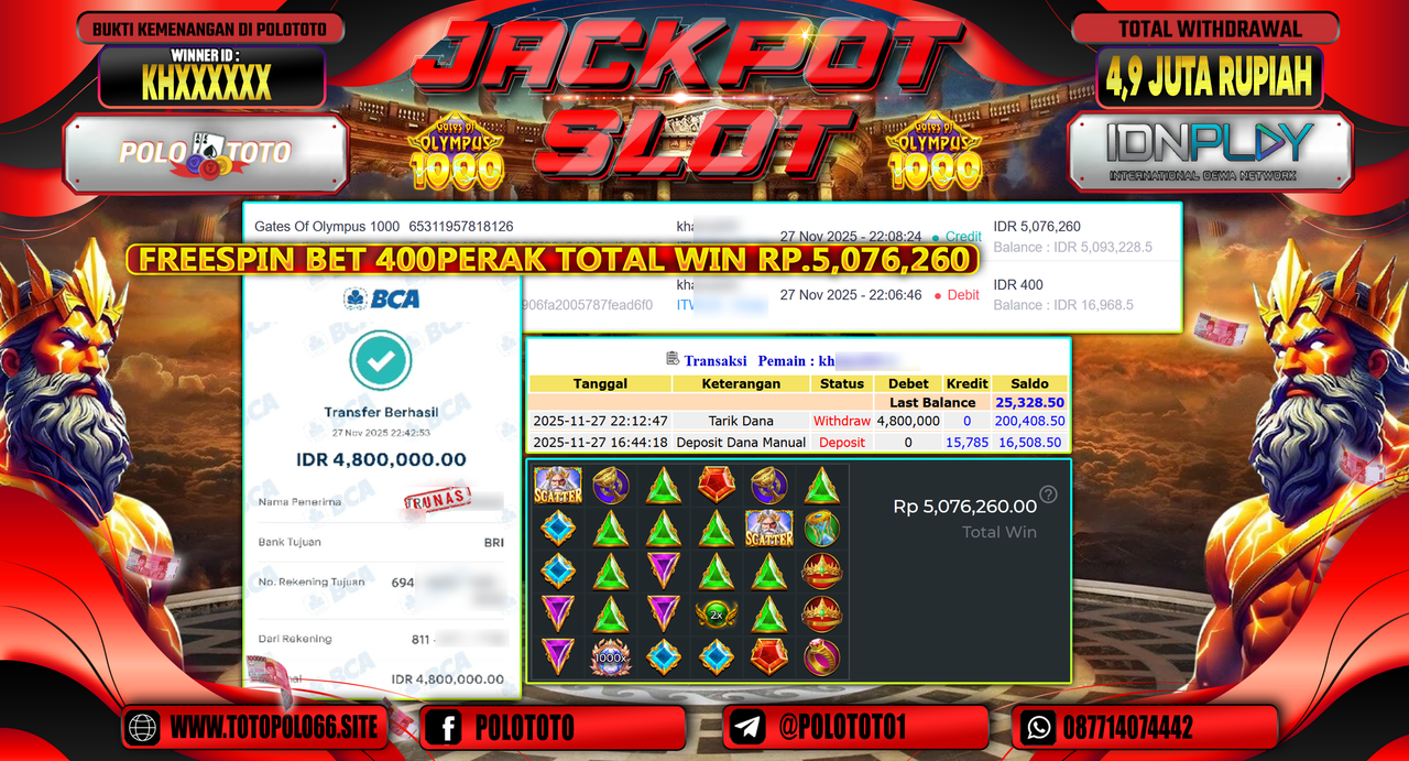 POLOTOTO JACKPOT SLOT GATES OF OLYMPUS 1000 Rp.4.9000.000,- LUNAS