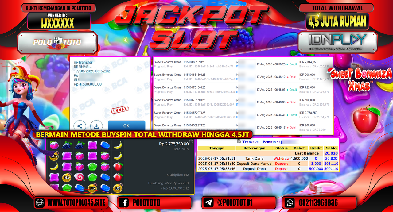 POLOTOTO JACKPOT SLOT SWEET BONANZA XMAS Rp.4.500.000,-