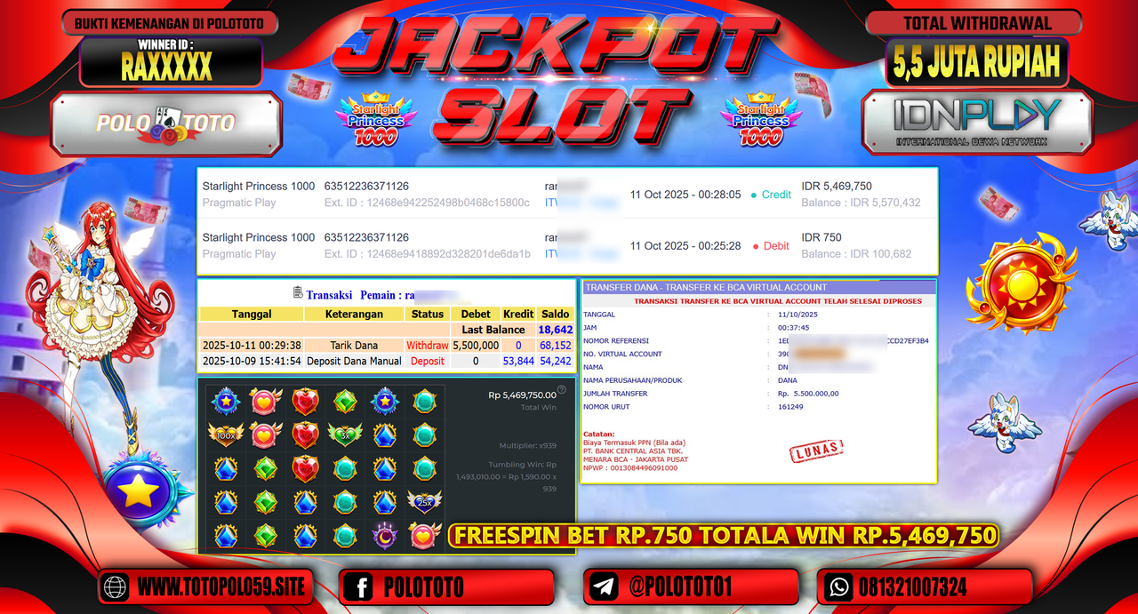 POLOTOTO JACKPOT SLOT STARLIGHT PRINCESS 1000 Rp.5.500.000,- LUNAS