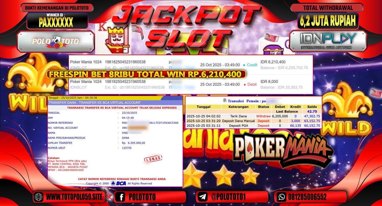 POLOTOTO JACKPOT SLOT POKER MANIA 1024 Rp.6.200.000,- LUNAS