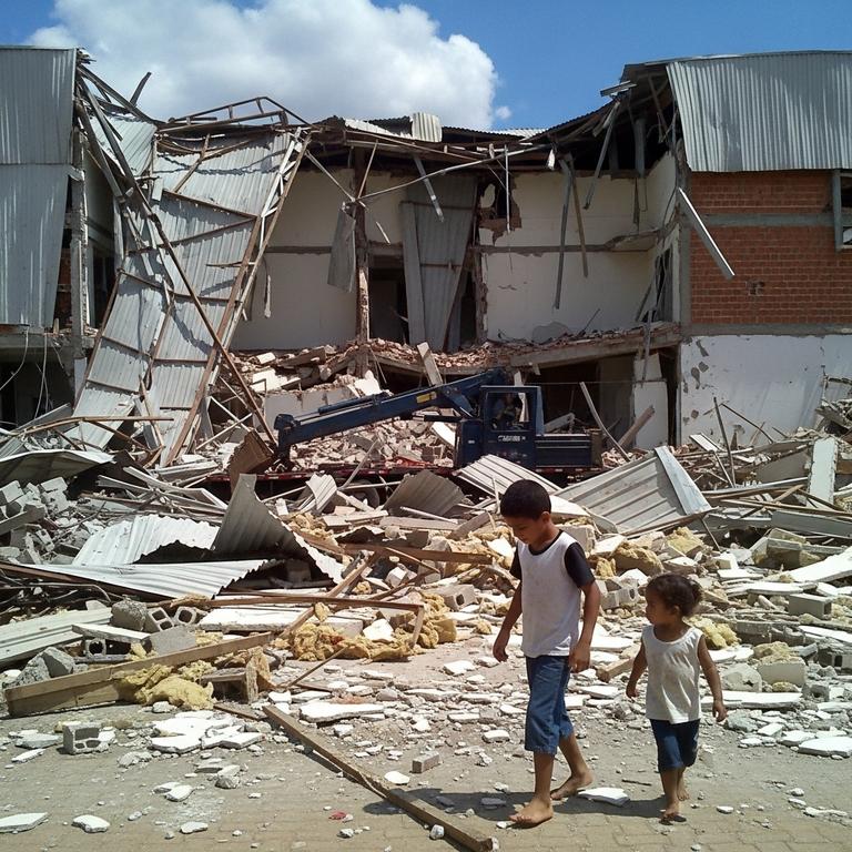 Crianças descalças entre os escombros