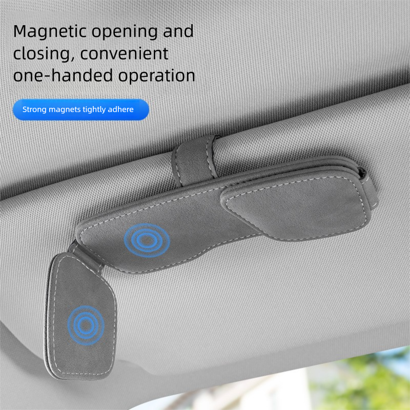 Brown Car Sun Visor Sunglasses Holder – Magnetic Dual Clip Organizer with Suede Finish, No-Drill Mounting for Glasses, Cards & Tickets