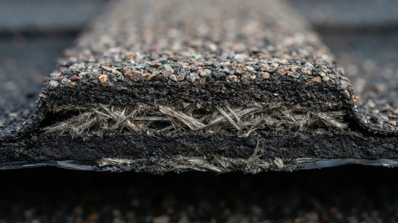 Three-tab asphalt shingle anatomy showing fiberglass mat and granule layers