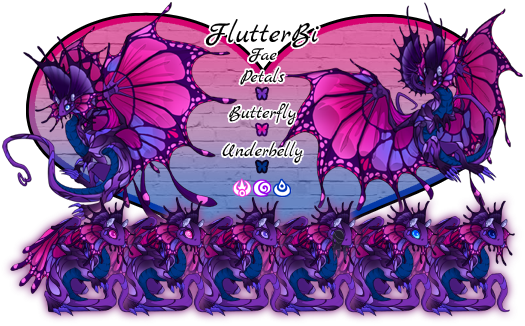 Flutter-Bi. Fae Breed. Colors and Genes will be Nightshade Petals Primary, Fuchsia Butterfly Secondary, and Cobalt Lace Tertiary. Breeds in Arcane, Shadow or Water. This pairs colors and genes resemble the Bisexual Pride flag