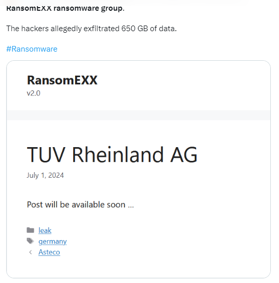 TüV Rheinland AG Opfer von RansomEXX