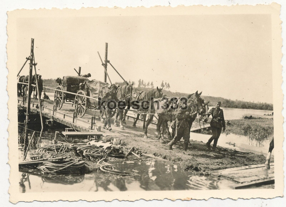 Foto Pferde bespannte Gefechtswagen Protze auf Kriegsbrücke über den Dnjepr 1941