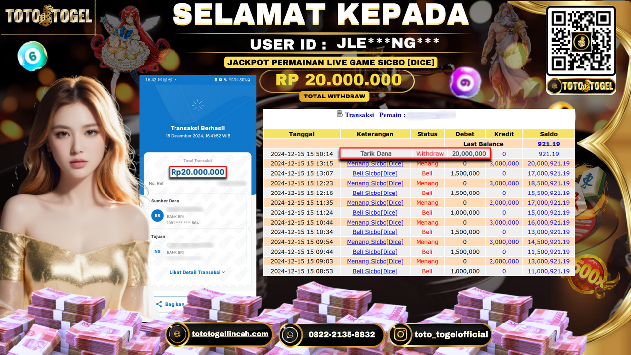 Bukti Pembayaran Jackpot Permainan Live Game SICBO [DICE] ID: JLE***NG*** LUNAS
