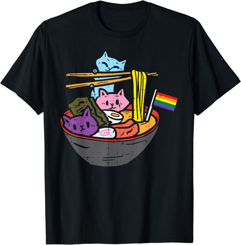 Rainbow Flag Cats Ramen Anime Gay Pride Month Unisex T-Shirt