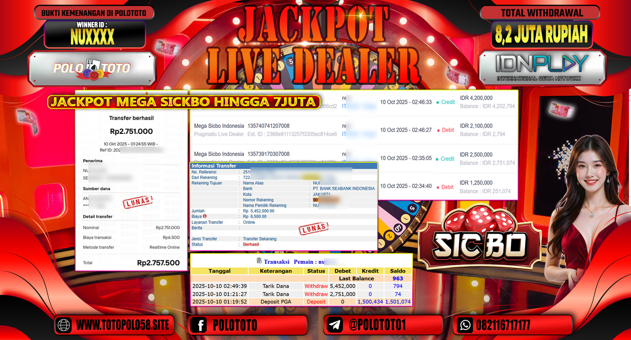 POLOTOTO JACKPOT LIVE DEALER MEGA SICBO INDONESIA Rp.8.200.000,- LUNAS