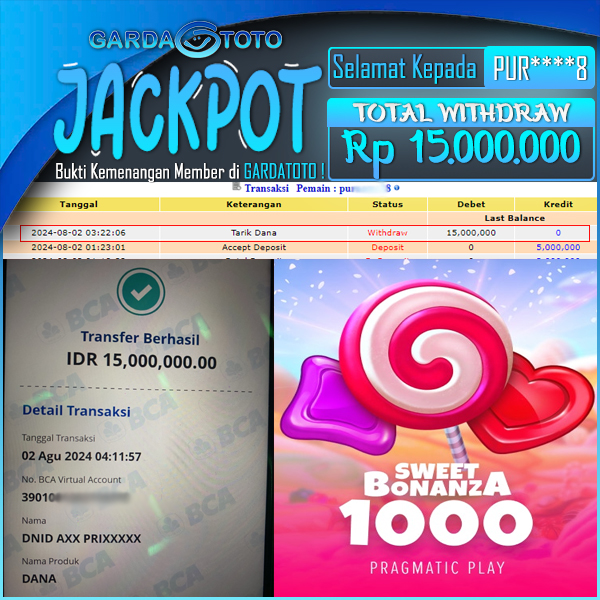 JACKPOT SLOT MAIN DI SLOT SWEET BONANZA1000 WD Rp 15.000.000,- DIBAYAR LUNAS GARDATOTO MANTAP !
