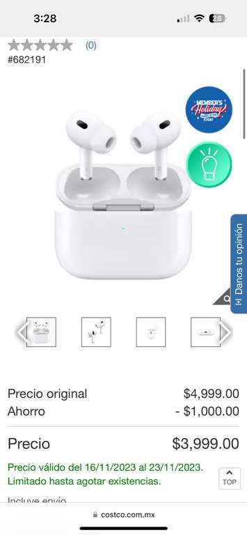 AirPods Pro 2 Gen (USB C) / Costco sin promociones bancarias. 
