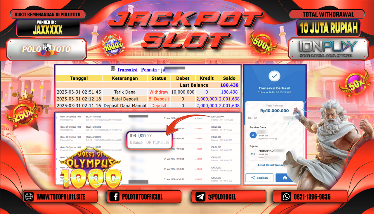 POLOTOTO JACKPOT SLOT GATES OF OLYMPUS 1000  Rp.10.000.000,-