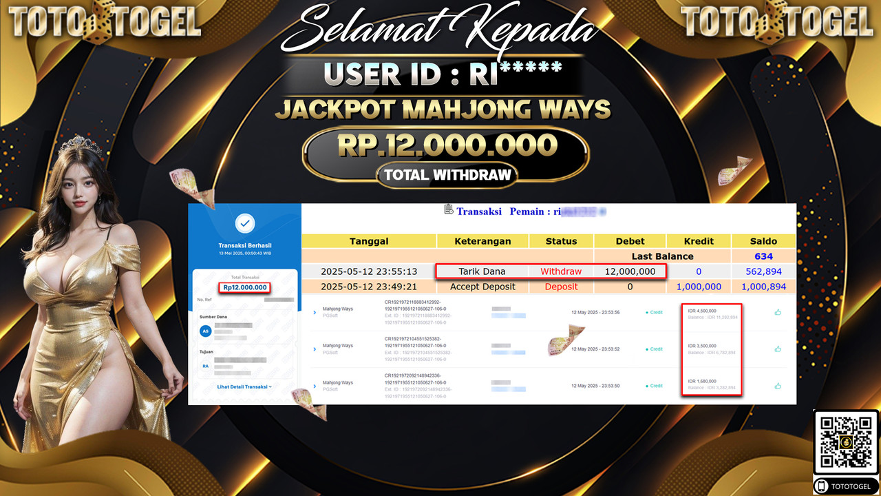 Bukti Pembayaran Jackpot  Permainan Slot Mahjong Ways ID:RI***** LUNAS