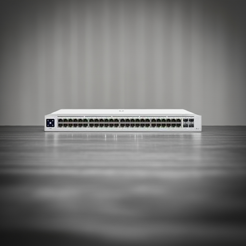 Switch USW-48 em um rack de servidor, mostrando seu design limpo
