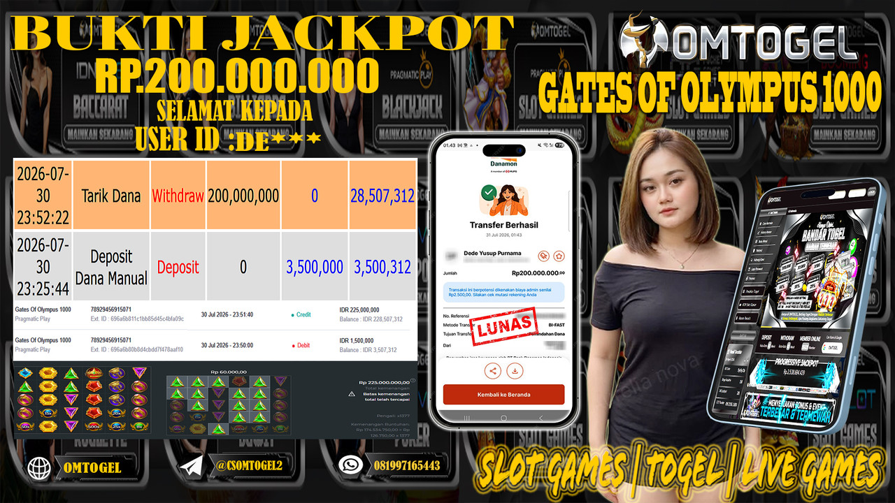 OMTOGEL JACKPOT PRAGMATICPLAY GATES OF OLYMPUS 1000  Rp,200,000,000,- DIBAYAR LUNAS