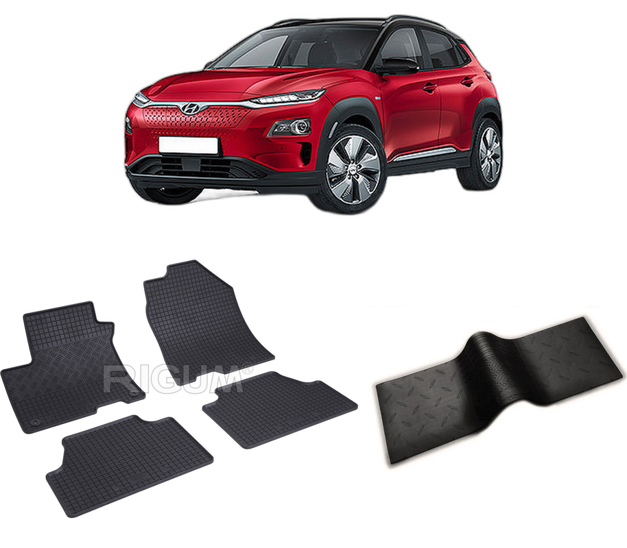Set covorase auto HYUNDAI KONA ELECTRIC din 08.2018-03.2023, cu covoras tunel median, CAROSERIE SUV INCLUSIV FACELIFT, Presuri cauciuc 100%, compatibil cu autoturismul HYUNDAI KONA ELECTRIC, Rigum