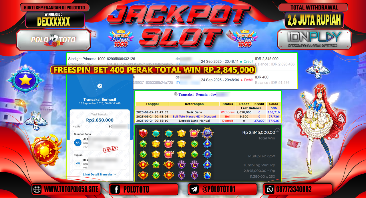 POLOTOTO JACKPOT SLOT STARLIGHT PRINCESS 1000 Rp.2.600.000,- LUNAS