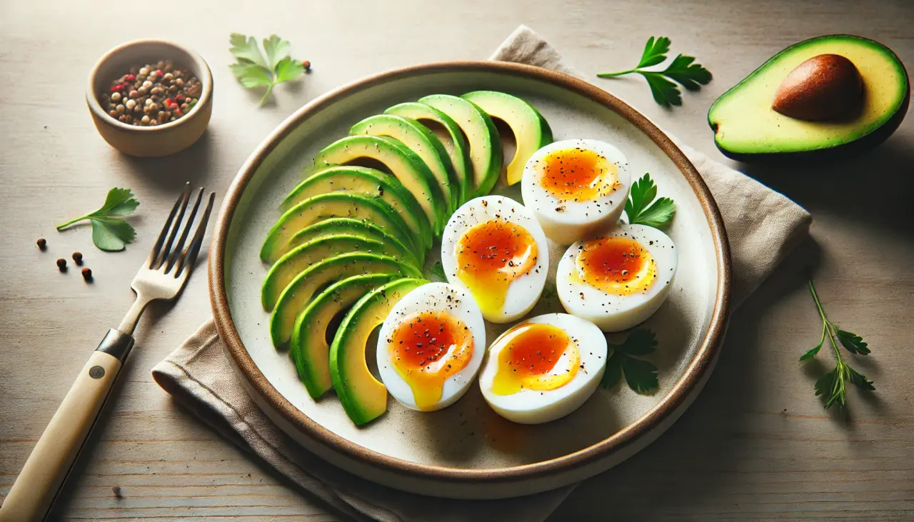 반숙 달걀과 채소가 곁들여진 아침 식사