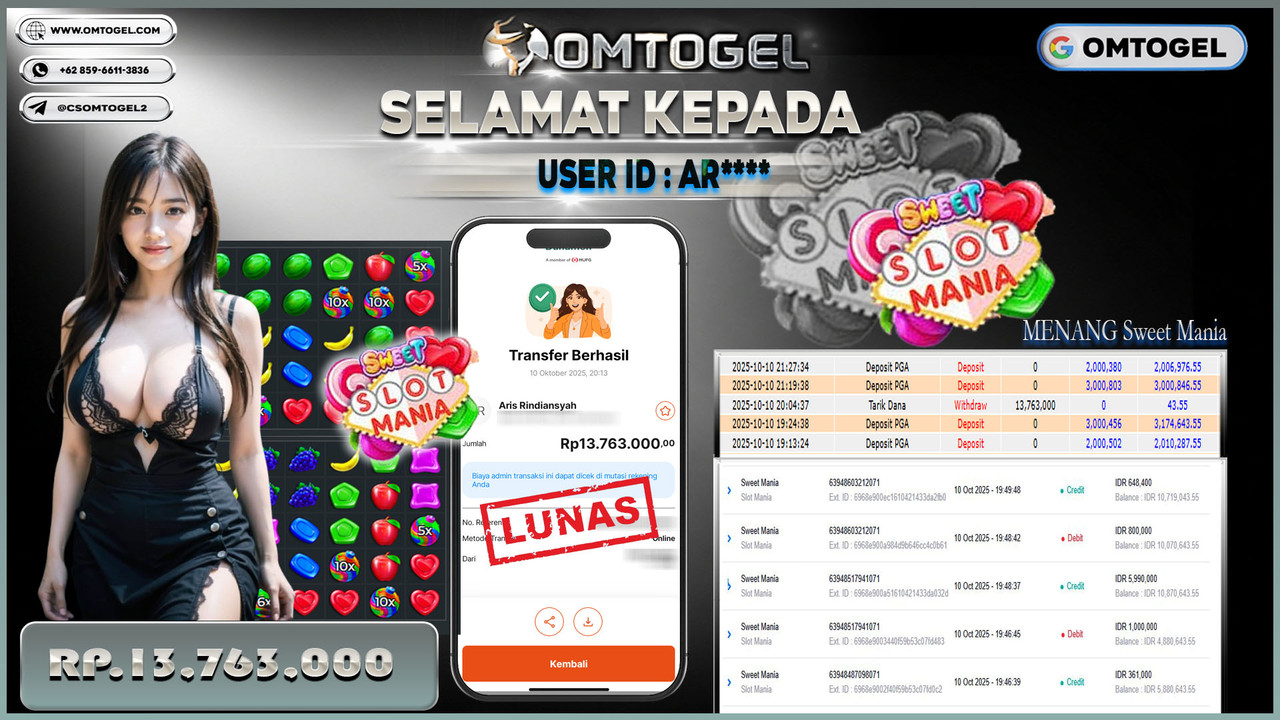 OMTOGEL JACKPOT SLOT MANIA SWEET MANIA 13 JUTA DI BAYAR LUNAS ,-