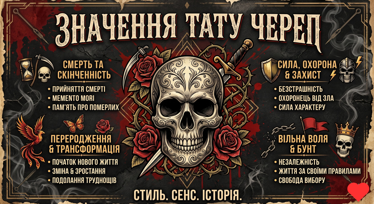 Значення тату череп — символ сили, трансформації, пам’яті та сміливості
