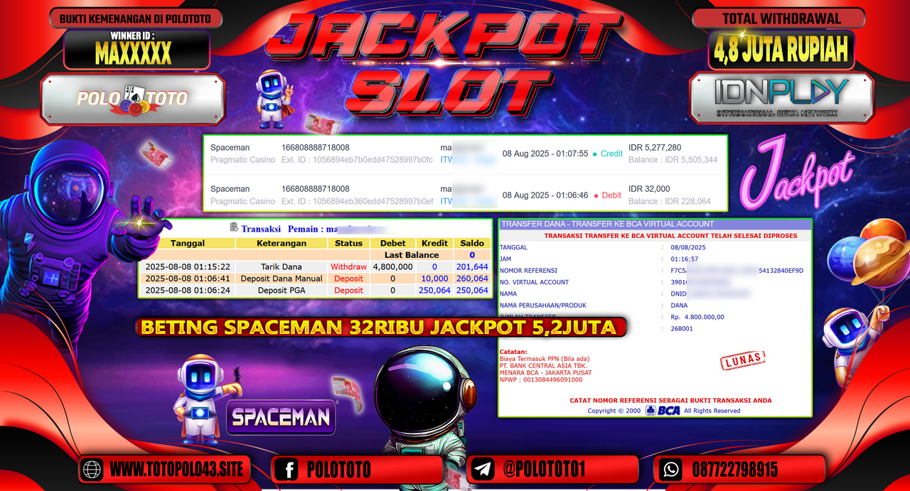 POLOTOTO JACKPOT SLOT SPACEMAN Rp.4.800.000,-LUNAS