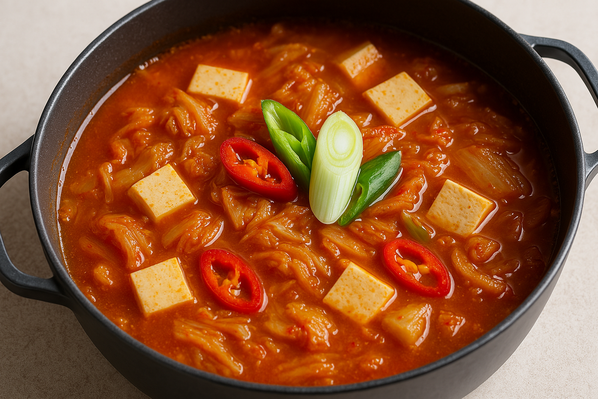 대파가 올려진 김치찌개 완성 전 모습