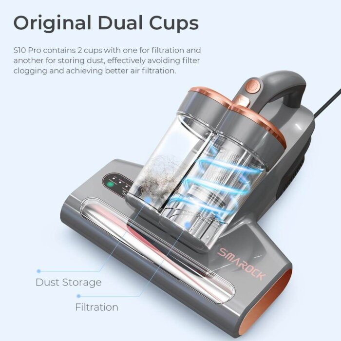 Gráfico mostrando las capas de limpieza: Luz UV, Golpeteo de alta frecuencia y Succión.
