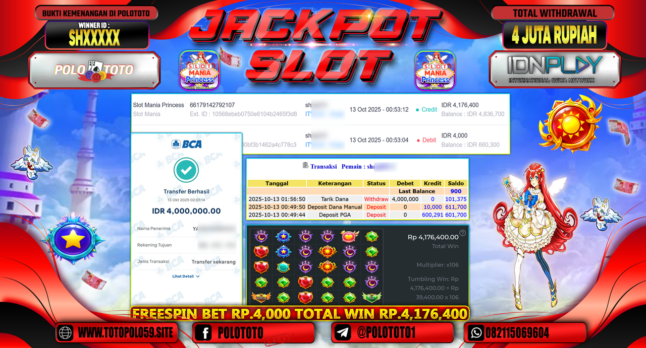 POLOTOTO JACKPOT SLOT MANIA PRINCESS Rp.4.000.000,- LUNAS