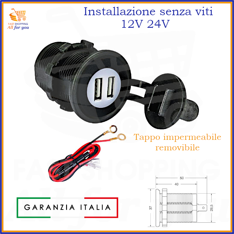 Presa femmina accendisigari con cavo porta doppia usb auto universale moto camper camion 12V 24 volt