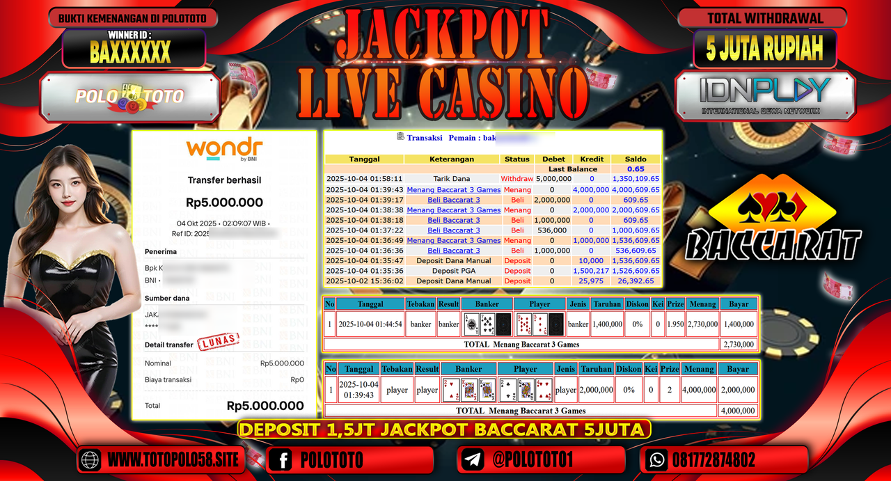 POLOTOTO JACKPOT LIVE CASINO MENANG BACCARAT 3 GAMES Rp.5.000.000,- LUNAS