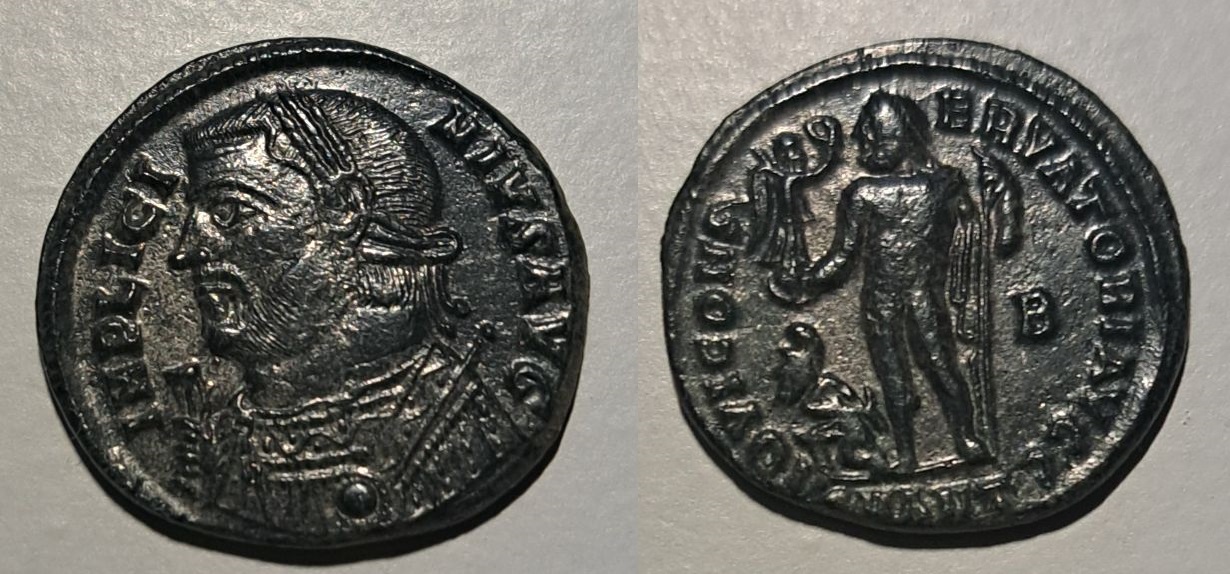 Nummus de Licinio I. IOVI CONSERVATORI AVGG. Júpiter a izq. Antioquía L1smantb1